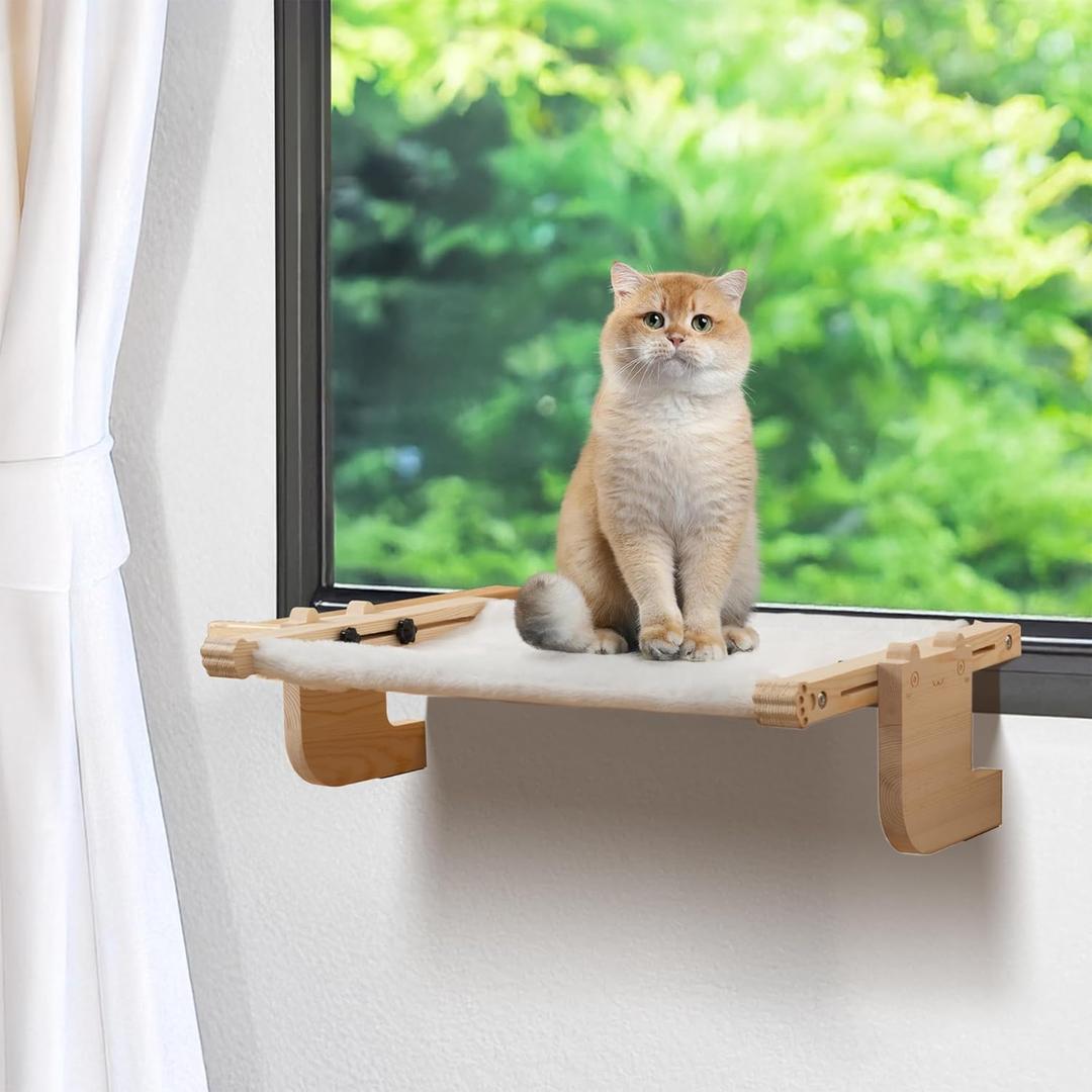 Laveivert 2-in-1 Cat Sill Window Perch, Cat Window Seat for Small & Large Cats, Natural Color Wood & Metal Frame Cats Indoor Hammock Free-Standing, Easy to Adjust Windowsill