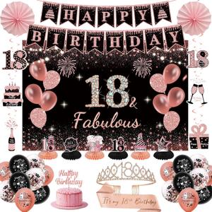 18th Birthday Decorations for Girls - Rose Gold 37Pcs Complete Party Kit with Banner, Backdrop, Tiara, Sash, Cake Topper, Latex Balloons, Hanging Swirls, Centerpieces | Birthday Party Supplies