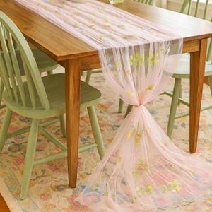 Lounsweer Wildflower Table Runner 10ft/ 29 Inch x 120 Inch Embroidery Wildflower Spring Summer Tulle Lace Runner DIY Table Decor for Wedding Baby Shower Party Holiday Dining (Pink)