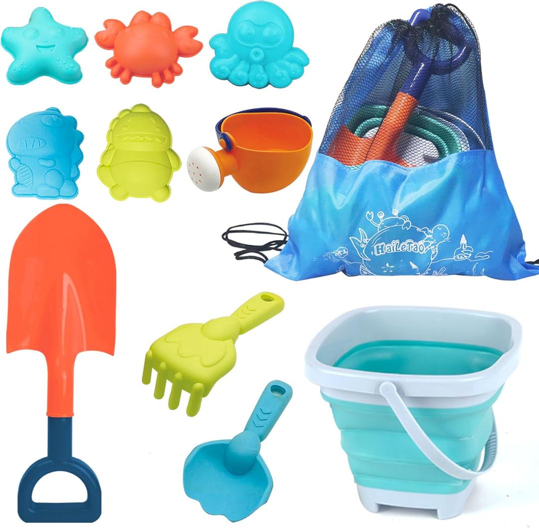 Beach Toys Set for Kids -Collapsible Sand Bucket & Mesh Beach Bag and Shovels Sand Rake Toy 11Pcs Set, Animal & Dinosaur Molds, Fork, Rake & Watering Can for Toddlers Ages 3+