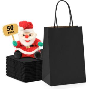 METRONIC Small Black Paper Bags 5.25x3.75x8 50 Pack, Kraft Bulk Gift Bag with Handles Recycled for Birthday Party Favors, Retail Shopping Goody Grocery Business
