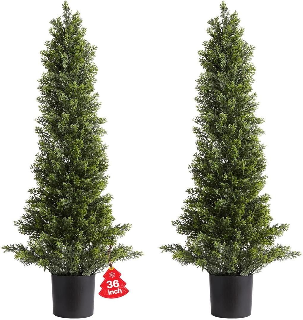 VEVOR Artificial Cedar Topiary Trees, 36 inch 2 Set Faux Pine Shrubs Plants, Fake Silk Tree Look Real, Easy Assembly for Decor Front Porch Outdoor Patio Garden Balcony Backyard Indoor Office 3FT