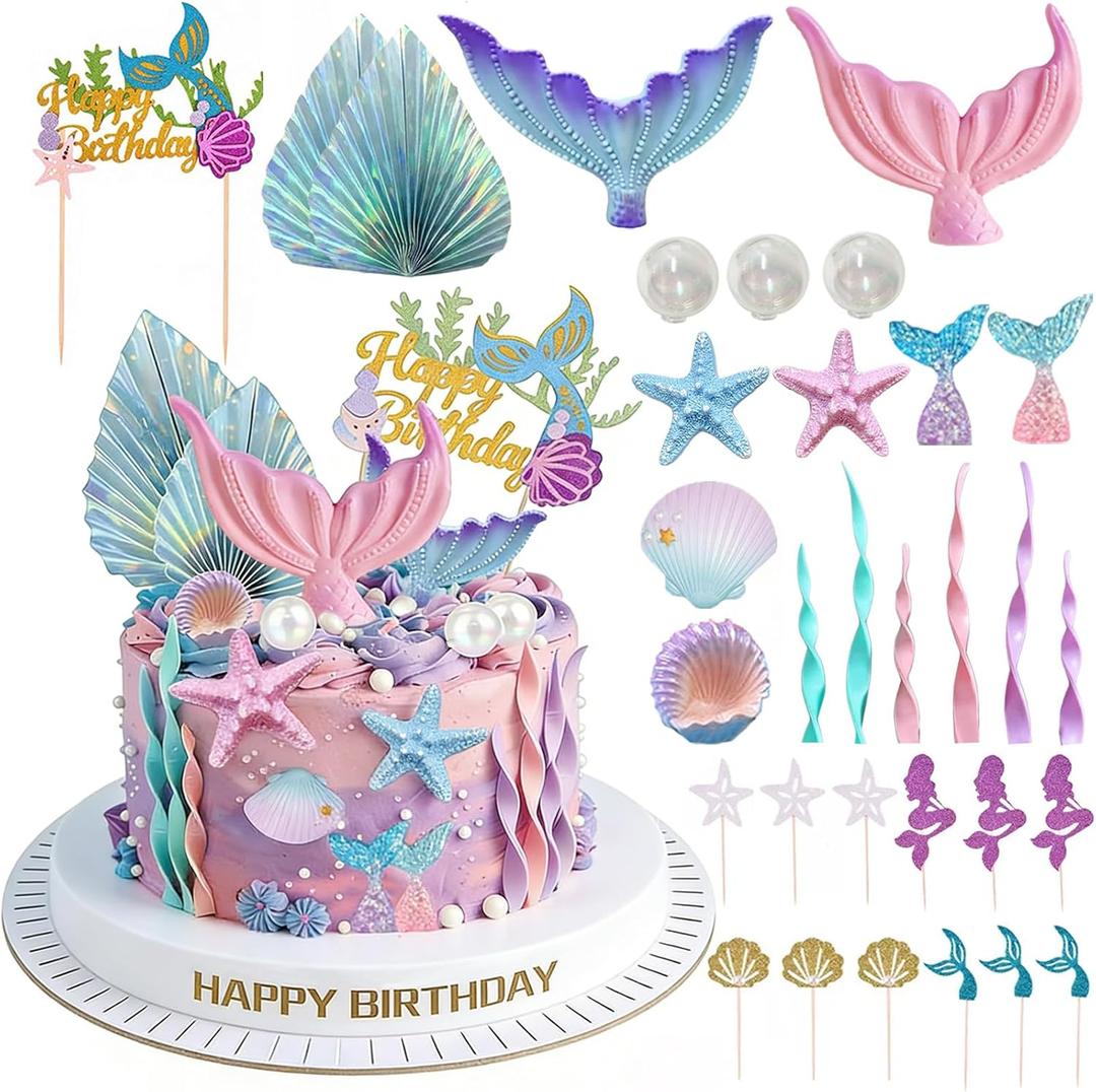 Mermaid Cake Topper- 32pcs Mermaid cake decorations with Mermaid Tail Seaweed ShellsStarfish, Little Mermaid cupcake toppers for Mermaid Birthday Party, Baby Shower, Under The SeaBirthday Party