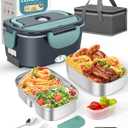 Eocolz Electric Lunch Box Food Heater, Food Warmer 1.5L Portable Heated Lunch Box for Car Truck Work Stainless Steel Fork & Spoon 12/24/110V for Adults Lonchera Elctrica (Gray-Blue)