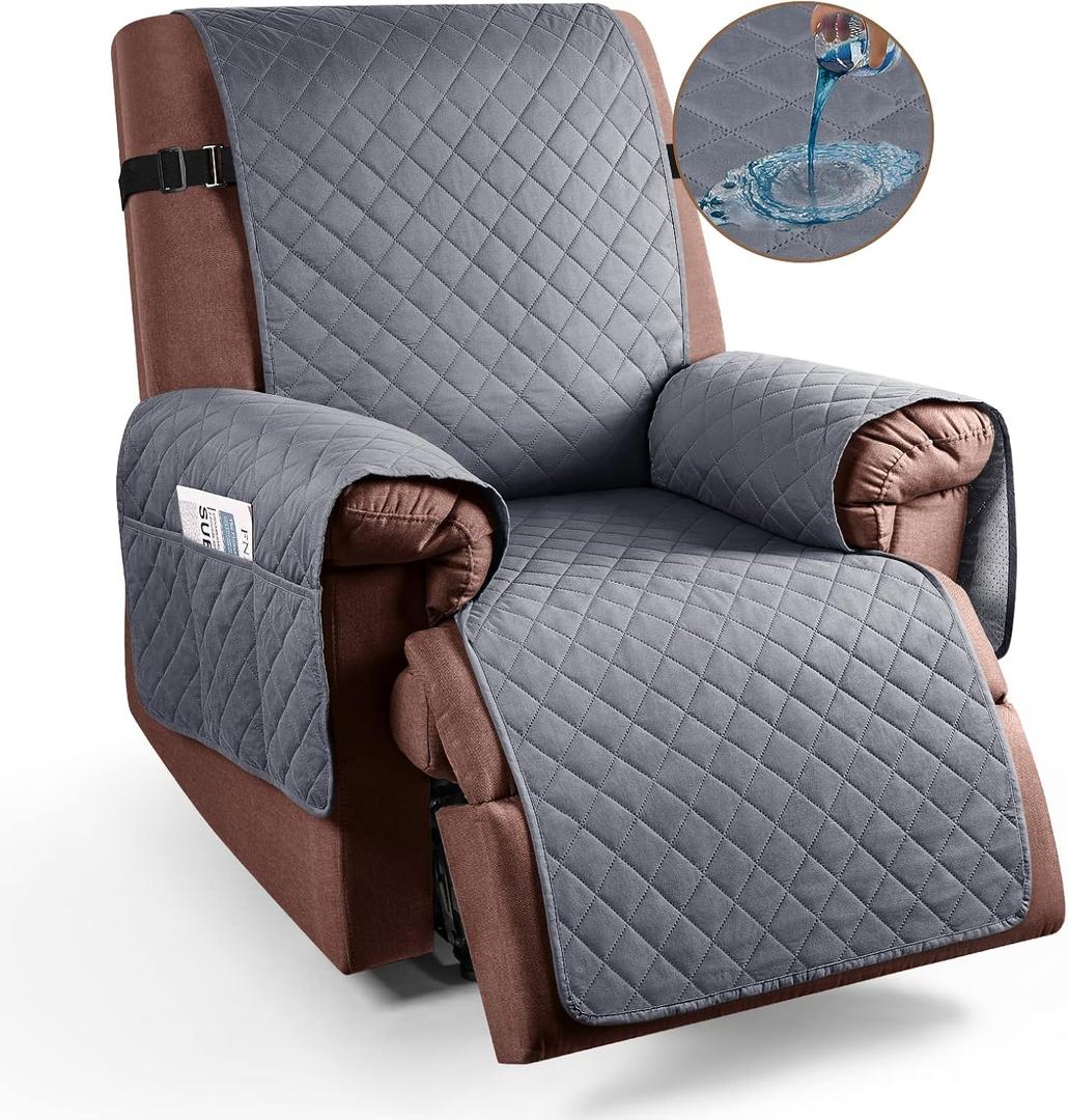 KinCam 100% Waterproof Recliner Chair Cover, Reclining Couch Covers for Pets, Dogs, Recliner Couch Slipcover Furniture Protector with Elastic Straps for Kids(23.6", Dark Gray)