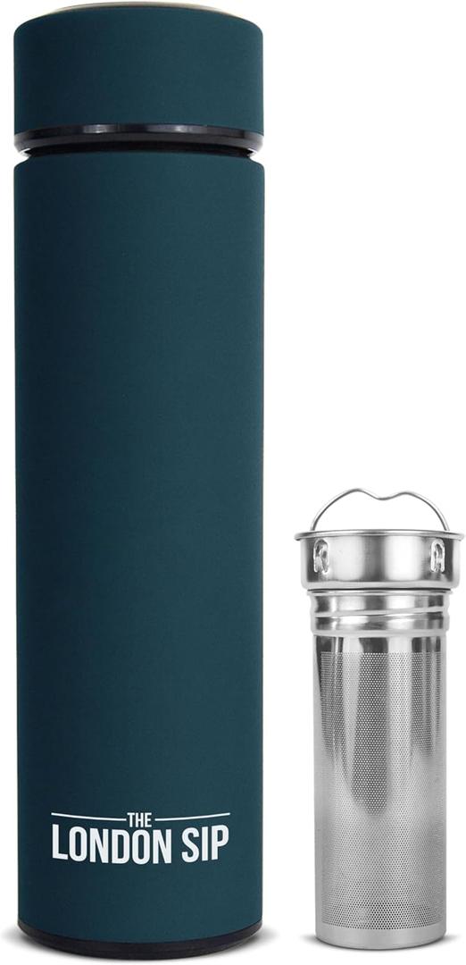 London Sip Multi-Purpose Tea Infuser Travel Mug and Tumbler Fruit Infuser Flask Hot and Cold Double Wall Stainless Steel Thermos with Extra-Long Infuser, Midnight Teal