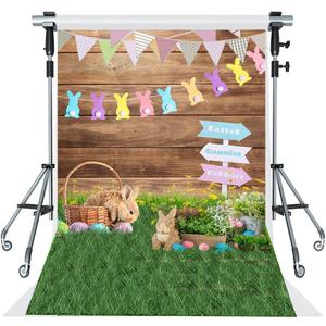 5x7ft Easter Photography Backdrops Wooden Eggs Green Grass Colorful Bokeh Photography Background Floral Bunny Decoration Backdrop Easter Photo Background for Baby Show Children