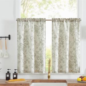 jinchan Floral Linen Tier Curtains Floral Sage on Beige Cafe Curtains 36 Inch Length Kitchen Living Room Bedroom Bathroom Farmhouse Rustic Country Rod Pocket 2 Panels