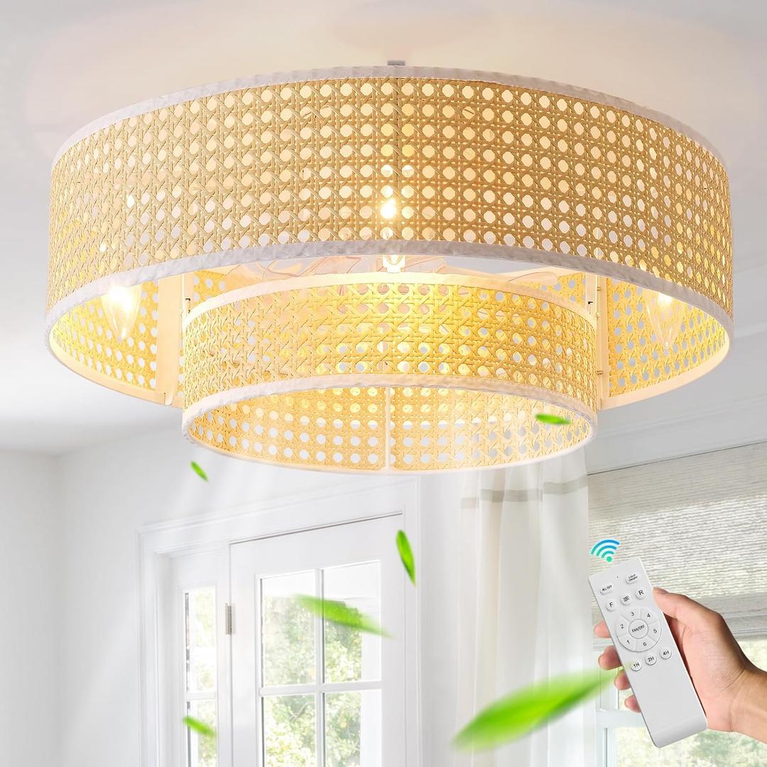 20'' Boho Rattan Ceiling Fan with Light, Coastal Boho Ceiling Fans with Lights and Remote Control, Enclosed Caged Flush Mount Low Profile with Reversible 6 Speeds for Living Room Bedroom Nursery