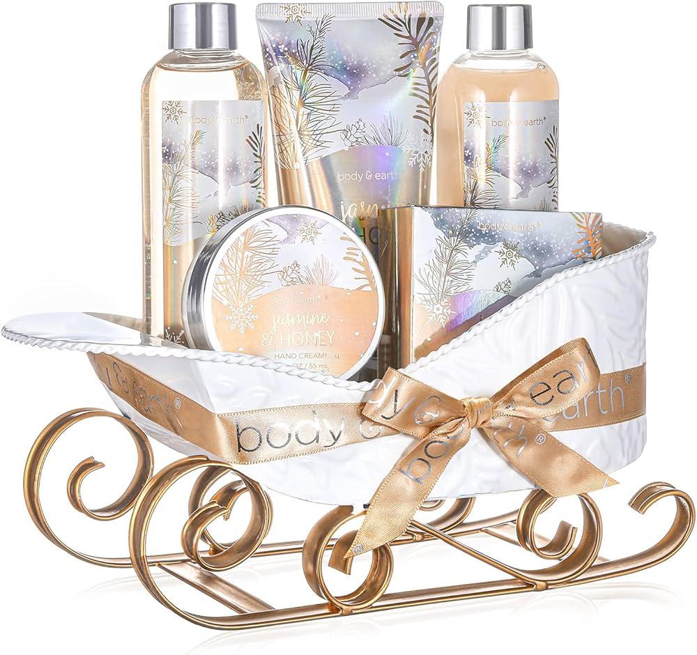 Gift Baskets for Women, Body & Earth Gift Set with Jasmine & Honey Scent Includes Bubble Bath, Hand Cream, Holiday Gift Baskets, Bath and Body Gift Sets for Women, Happy New Year Gifts