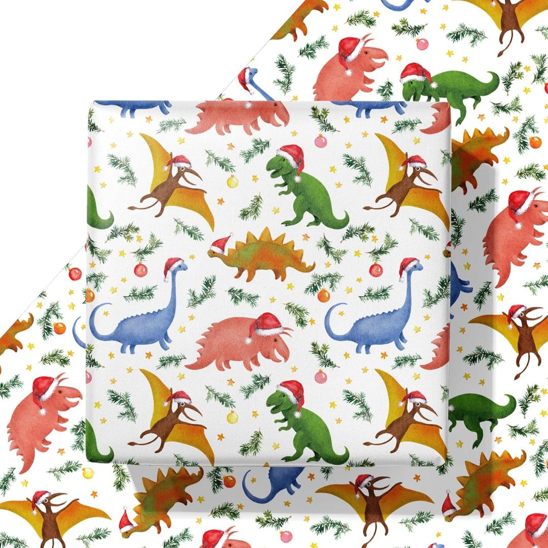 WAPLIGHAL Christmas Dinosaur Wrapping Paper - Colorful Dino Gift Wrap with Santa Hats, Holly, and Snowflakes on a White Background - 28 x 40 Inches - Perfect for Kids, Adults, and Holiday Fun
