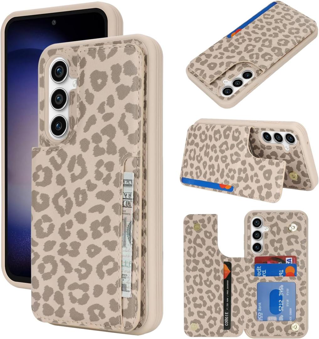 iCoverCase Compatible with Samsung Galaxy S23 FE Case with Card Holder, S23 FE Wallet Case for Women Men [RFID Blocking] PU Leather Protective Phone Case for S23 FE (Beige Leopard)