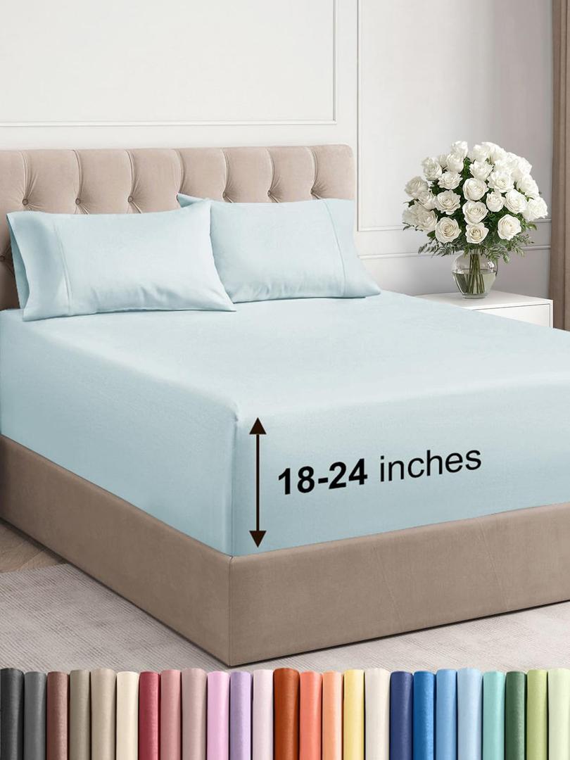CGK Linens Extra Deep Pocket King Sheets - 4 Piece Breathable & Cooling Bed Sheets - Hotel Luxury Bed Sheet Set - Super Soft, Wrinkle Free and Comfy - Fits Extra Deep Mattresses - Ice Blue Sheets Set