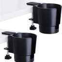 Universal Large Desk Cup Holder Clamp on, Heavy Duty Plastic Drink Holder for Table, Porch Swing, Patio Chair, Clip On Anti-Spill Bottle Holder for Most Cups, Bottles, Cans, Tumbles, Black, Pack of 2