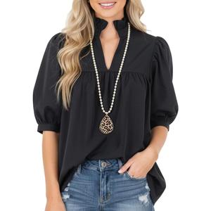 Women's Ruffled Mock Neck Blouse Half Puff Sleeve V-Cut Casual Top Loose-Fit Split Hem Shirt, Black, XL