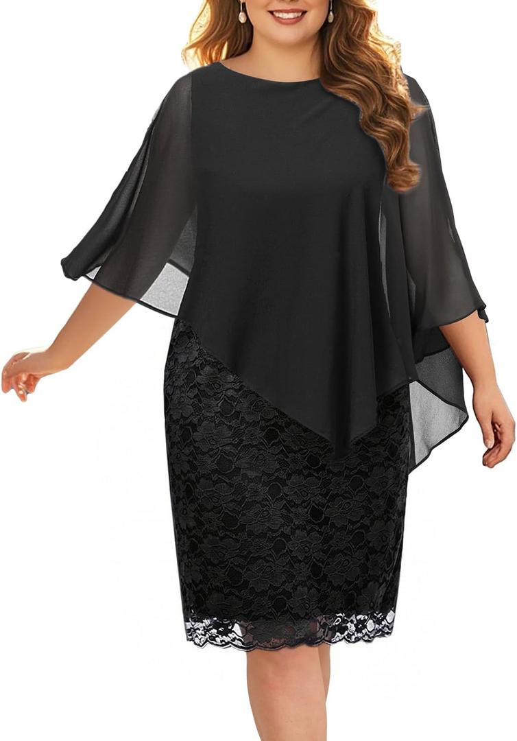 Plus Size Dresses Wedding Guest - Mother Bride Semi Formal Lace Cape with Chiffon Overlay Dresses (Black)