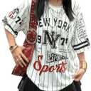 Women's Y2k Letter Print Short Sleeve Tee Shirts Striped Crewneck Drop Shoulder Loose T Shirts