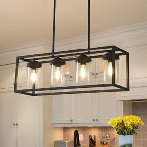 Black Dining Room Light Fixtures, Farmhouse Chandeliers for Dining Room Rustic Kitchen Island Light Fixtures Vintage Antique Linear Adjustable Hanging Pendant Light with Clear Glass Shade