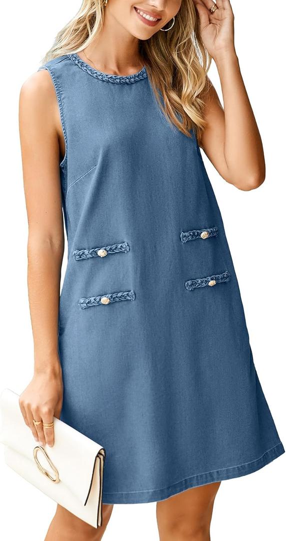 Simplee Womens Denim Dress Summer Sleeveless Casual Mini Dresses Crewneck Western Jean Dress with Pockets (Medium)
