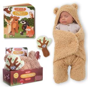Tickle & Main Bear Swaddle Blanket Set with Newborn Essentials - 16-Page Illustrated Storybook - Cute Plush Cotton Tree Rattle Toy - 3-Piece Baby Registry Search Present for 0-12 Months Baby (3 Piece Set)