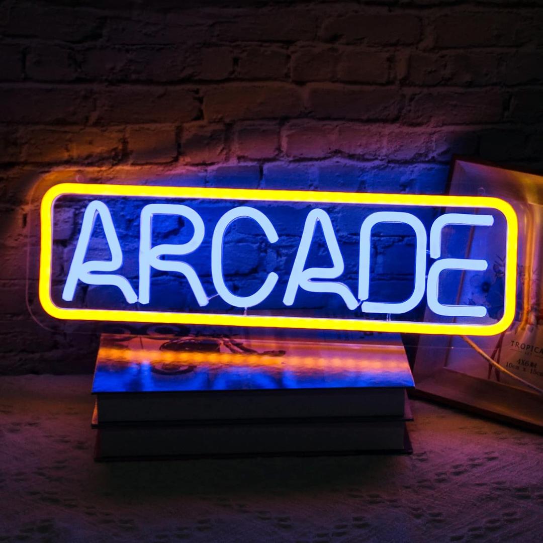 Arcade Neon Sign - Retro Blue & Yellow LED USB Wall Light for Game Rooms & Bars, Hanging Kit Included, Vintage Gift for Gamers & Adults