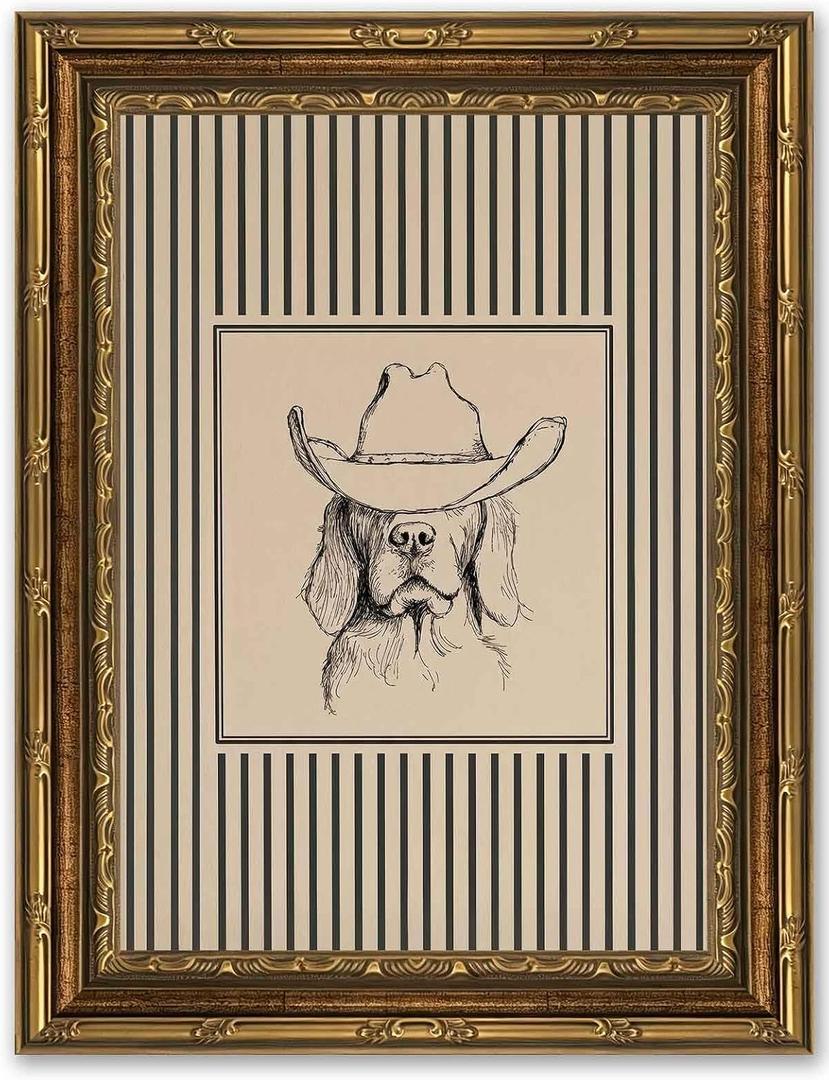 Vintage Gold Framed Retro Western Cowboy Dog Wall Art, 24"L x 16"W