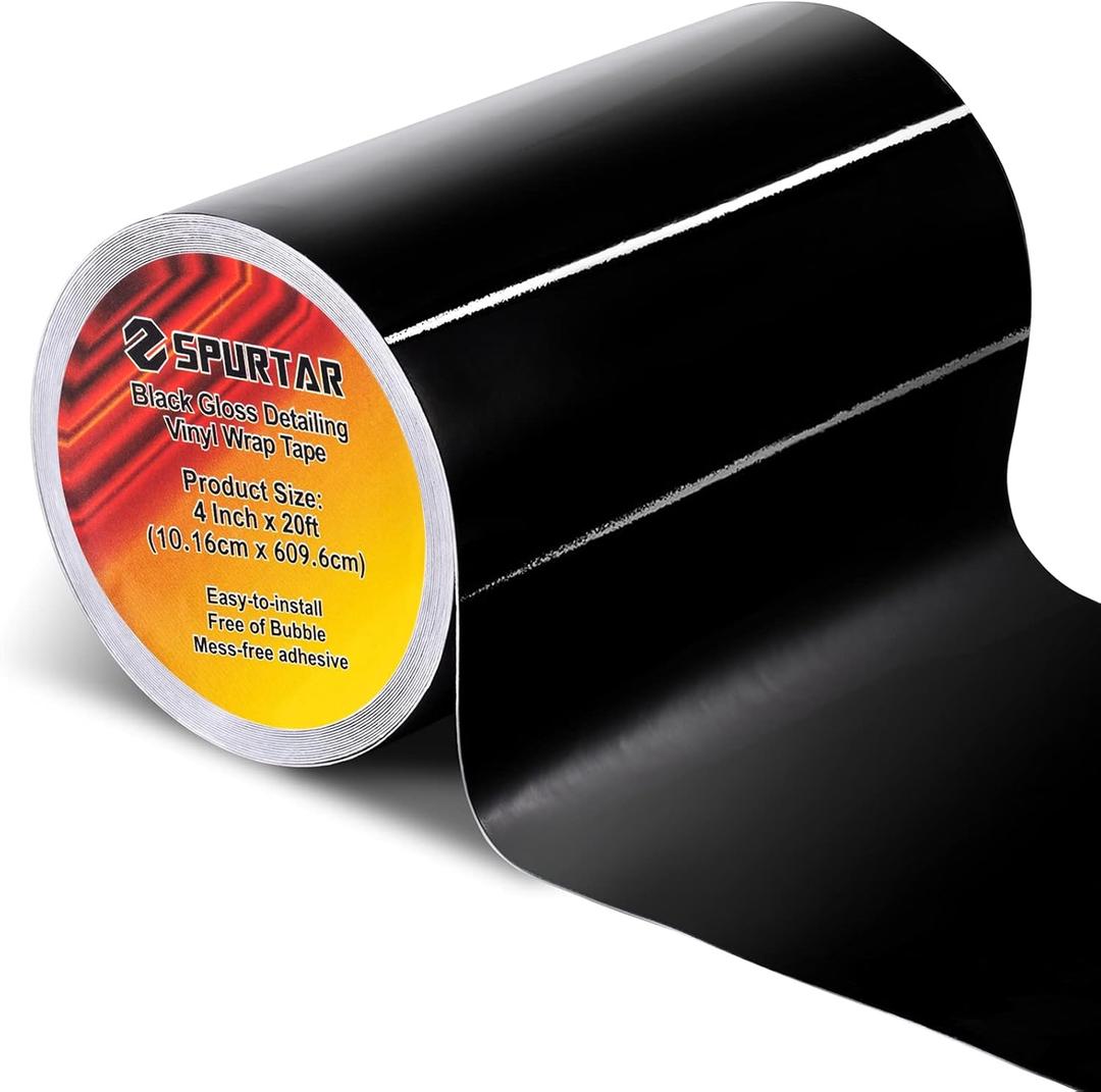 Spurtar Gloss Black Vinyl Wrap 4 Inch x 20ft Air-Release Adhesive Car Vinyl Tape Chrome Delete Wrap Roll DIY Car Exterior Decoration Door Edge Guard Vehicle Detailing Paper 10CM x 6M