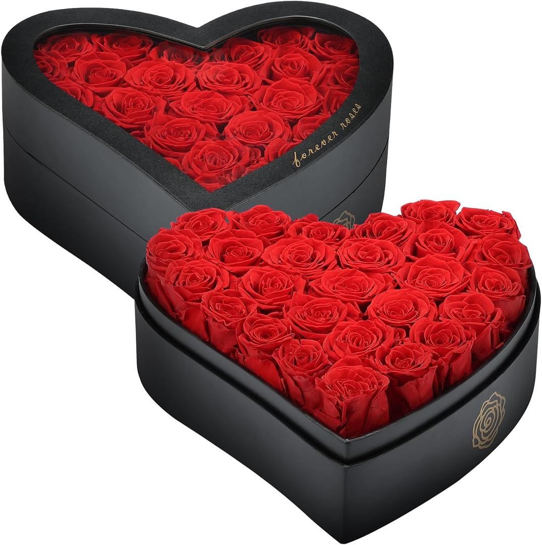 HERBMOTG 27 Forever Real Roses in Heart-Shaped Box with a Curved Design, Grade A Quality-Preserved Roses for Birthday, Mothers Day & Valentines Day (Red)