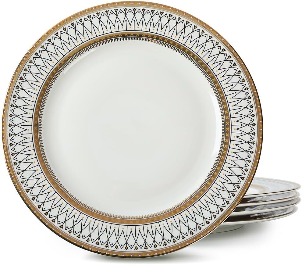 YEWUDHOM Porcelain Plates, Ceramic Dinner Plates Set of 4,Plate Set for 4 Dinning Kitchen, Golden Thread Pattern Steak Salad Plate Set for Home Restaurant Utensils,10.5" Large, White and Gold