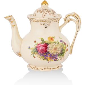 European Porcelain Teapot, Vintage Floral Teapot, Ivory Gold Trim, 28 OZ