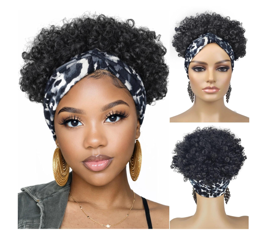 Adancyler Afro Headband Wig Natural Black Kinky Curly Wigs For Black Women Synthetic Short Curly Put And Go Headband Wig African American Wigs For Black Women