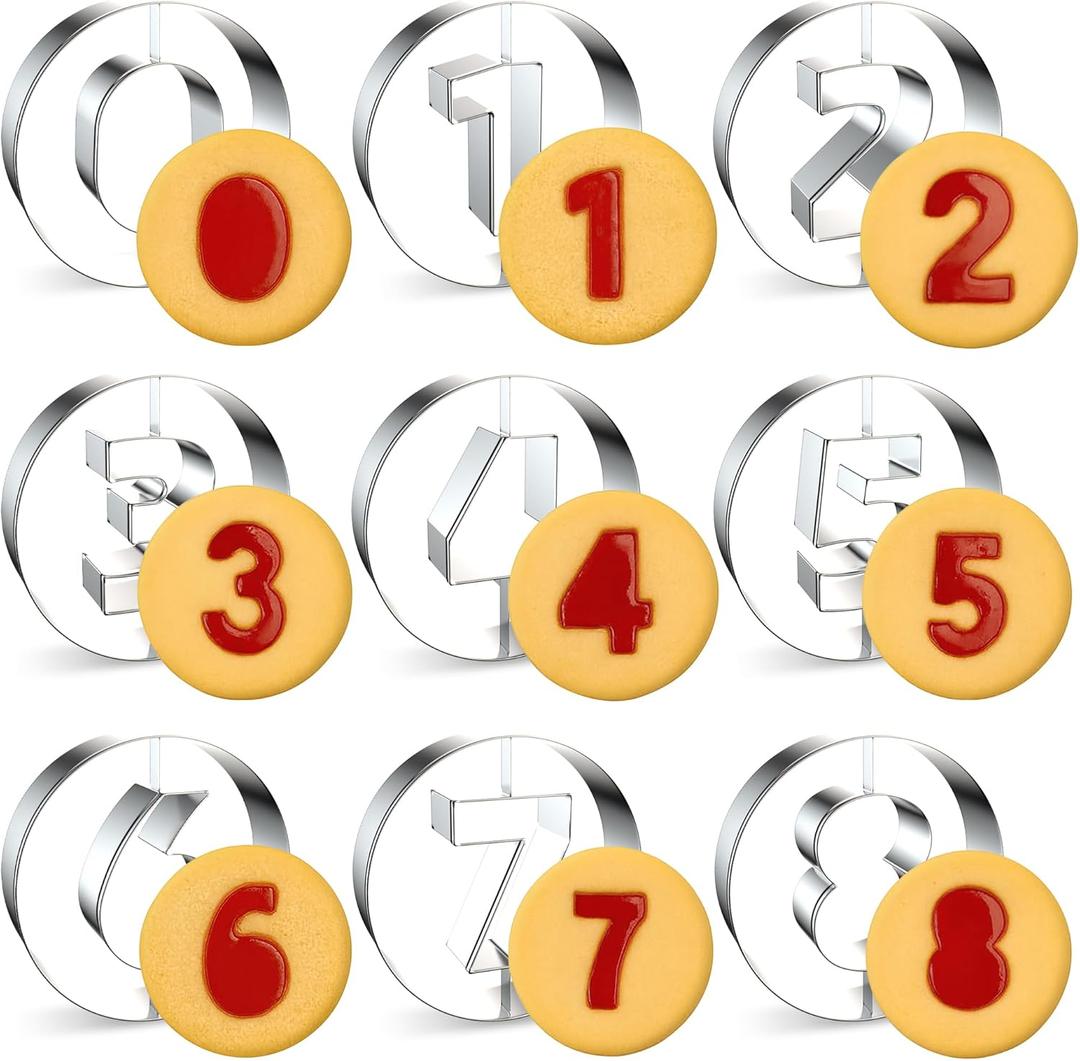 10PCS Number Cookie Cutters Set, Birthday Numbers 0-8(6 Reverses to 9) and A Round, Stainless Steel Cookie Cutters for Baking, Number Shaped Baking Tool for Homemaking Biscuits, Cookie, Dough