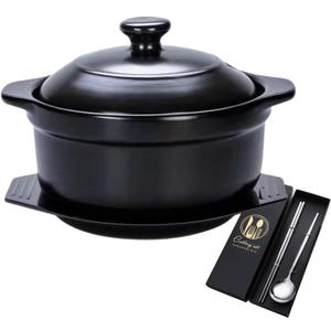 Korean Stone Pot, Ceramic Sizzling Hot Pot for Bibimbap Korean Stone Bowl with Lid and Trivet 40 oz Clay Pot for Cooking, Korean Cooking Pot, 1200ml, Black