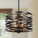 12.6'' Farmhouse Chandeliers for Dining Room, 3-Light Industrial Metal Hanging Light Fixture, Rustic Drum Pendant Light for Entryway Kitchen Foyer Bedroom, Black with Retro Wood Texture Interior