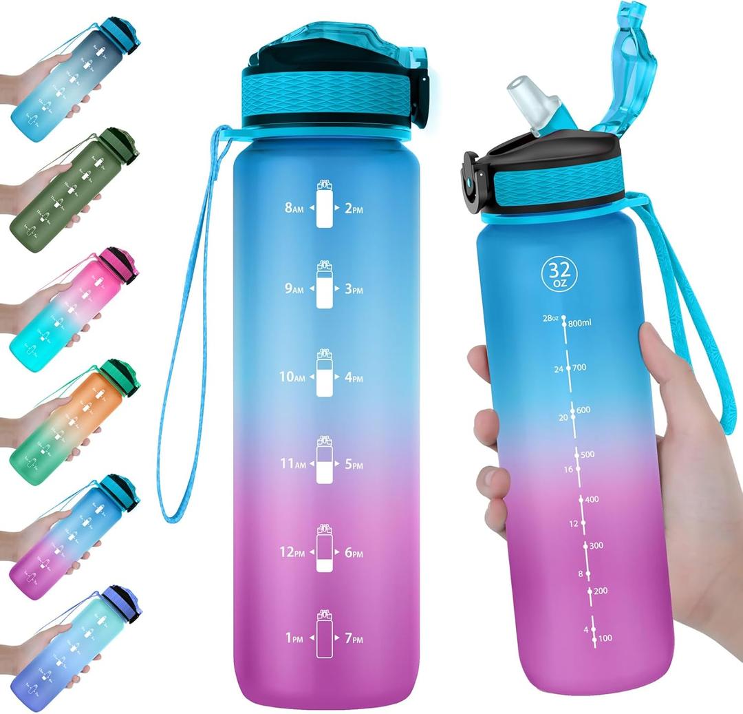 EYQ 32 oz Water Bottle with Time Marker, Carry Strap, Leak-Proof Tritan BPA-Free, Ensure You Drink Enough Water for Fitness, Gym, Camping, Outdoor Sports (02-Blue/Purple Gradient)