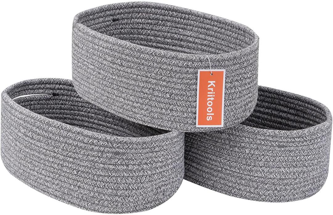 Baskets to Store Organize Household Items/Cute Basket&Bin for Shelf Storage Woven Rope Basket for Living Room, Bedroom,Play room/13x8.66x5.11 Cotton Rope,Durable&Stylish,Oval 3 Packs Gray (13x8.66x5.11 inches, Gray)