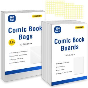 100ct Current Comic Book Bags and Boards-Reusable Boards,Bags 4.7 Mil Acid-Free Crystal Clear100 Comic Book Sleeves and 100 Thick Comic Book BoardsArchival QualityApplicable to Most Comic Books