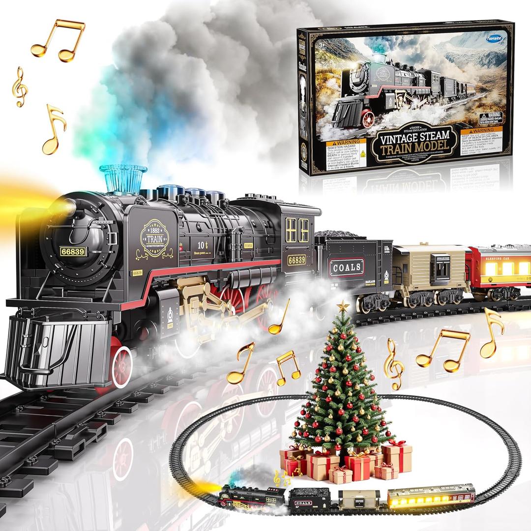 Funwee Electric Train Toy with Smokes,Lights and Sound,Train Set for Under Christmas Tree, Locomotive Train Model with Track, for 3 4 5 6 7+ Years Old Toddler Boys and Girls Birthday