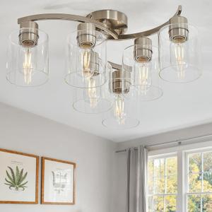 Brushed Nickel Flush Mount Ceiling Light, Kitchen Lighting Fixtures Ceiling, 6-Light Dining Room Light Fixture with Clear Glass Shade, Modern Ceiling Light Fixture for Bedroom, Living Room, Entryway
