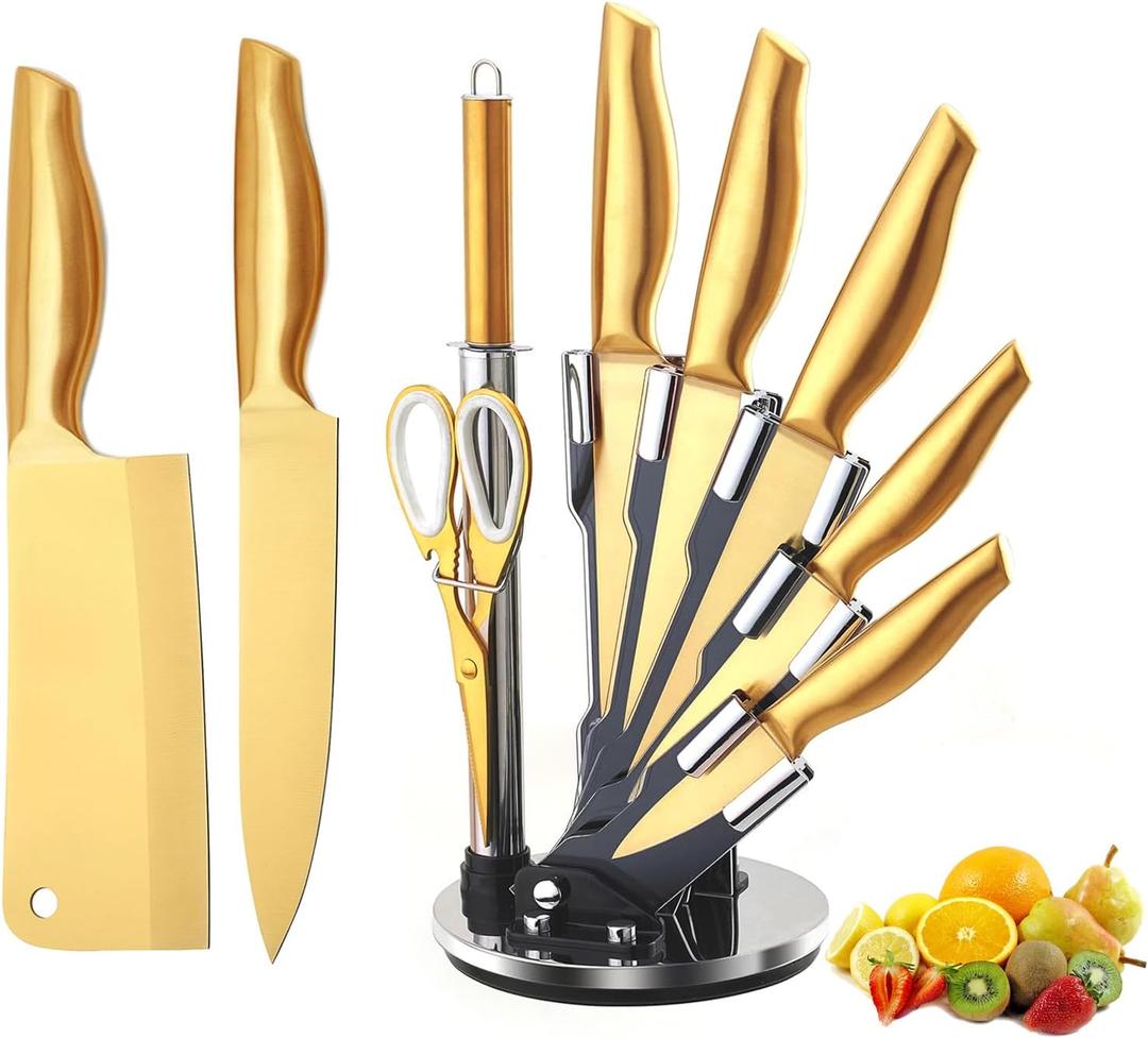 Gold Knife Set8Pcs Gold Titanium-Coated Dishwasher Safe Stainless Steel Kitchen Knife Set with Black Acrylic Knife Holder,Super Sharp Knife Block Set
