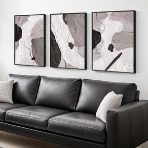 Large Framed Black and White Gray Abstract Canvas Wall Art, Set of 3 Piece Contemporary Paintings Artwork for Walls, Modern Minimalist Prints Pictures for Living Room Hallway Office Wall Decor, Total 30x60 Inch