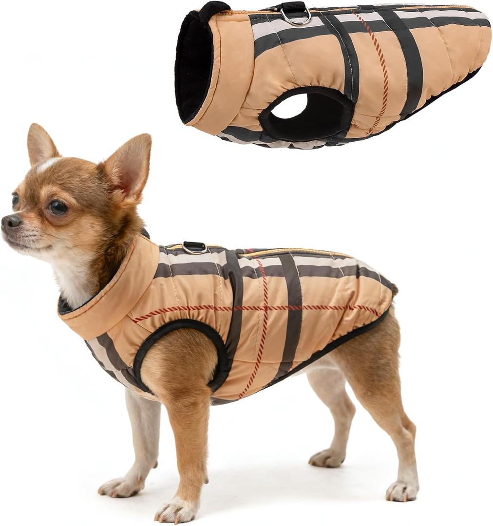 SCENEREAL Winter Dog Vest Coat with Harness Built in, Warm Puppy Jacket for Small Medium Dogs, Cold Weather Coat with Zipper, Fleece Puffer Vest Windproof Snow Clothes, Beige Plaid S