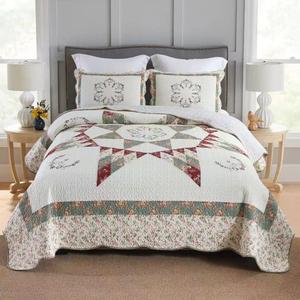 Camandy Cotton Bedspread Quilt Bedding Sets, 3 Pieces Reversible Coverlets Comforters Star with Green Floral Real Patchwork Bedspread, King Size