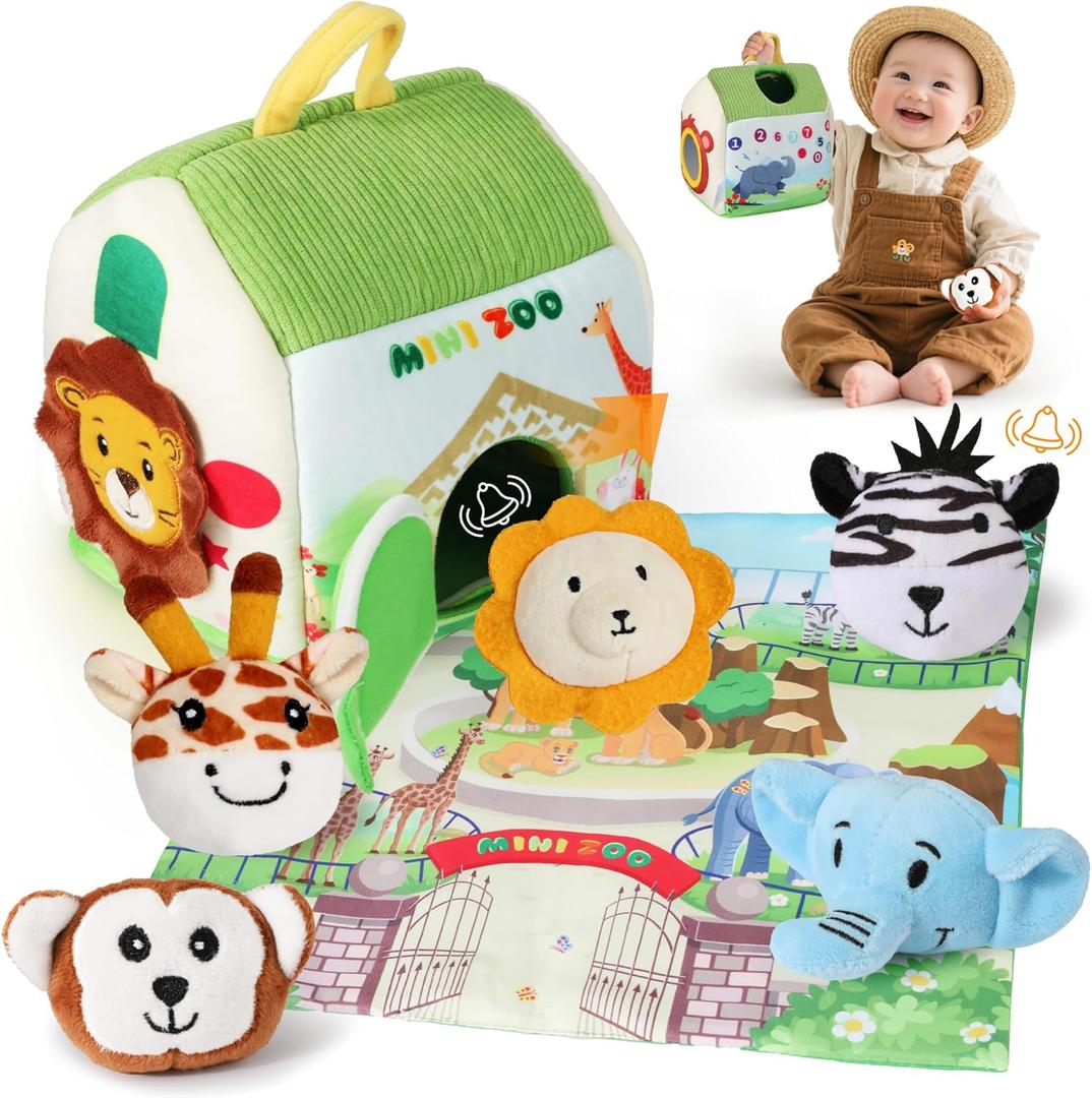 Baby Toys 6-12 Months, Soft Zoo Toy with 5 Stuffed Animal, Map Pad, Rattle, Crinkle Paper, Squeaker, Mirror, Sensory Montessori Toys for Babies, Infant Toy for Christmas Birthday Gift, 7-Piece