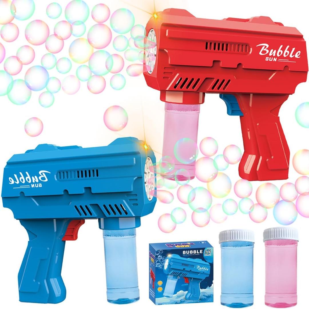 2 Pack LED Bubble Gun for Kids, Automatic Bubble Blower with 2 Refill Solutions, Leak-Proof Bubble Blaster Toy for Toddlers, Outdoor & Indoor Play, Ideal Easter & Birthday Gifts for Boys Girls Age 3-8 (Blue&Red)