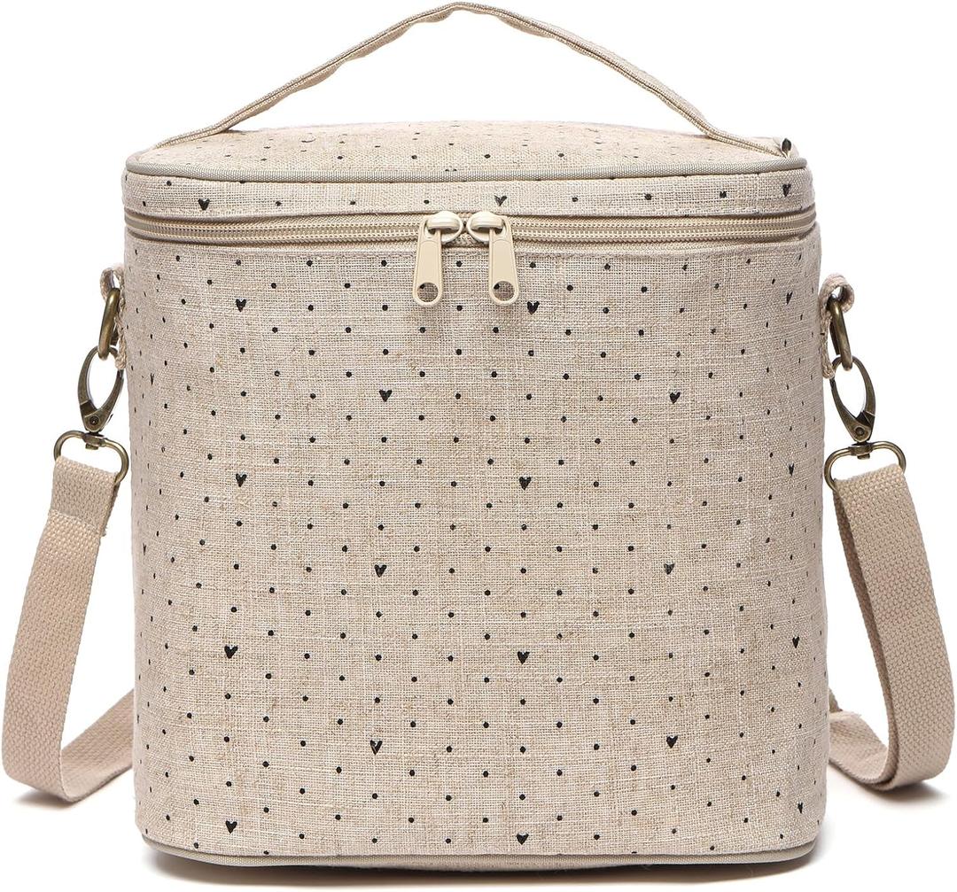 Lunch Bag for Women, Soft Linen Lunch bag with adjustable shoulder strap, Insulated Womens Lunch Bag for Work, Machine Washable Lunch Box with removable liner (Black Small Dots)