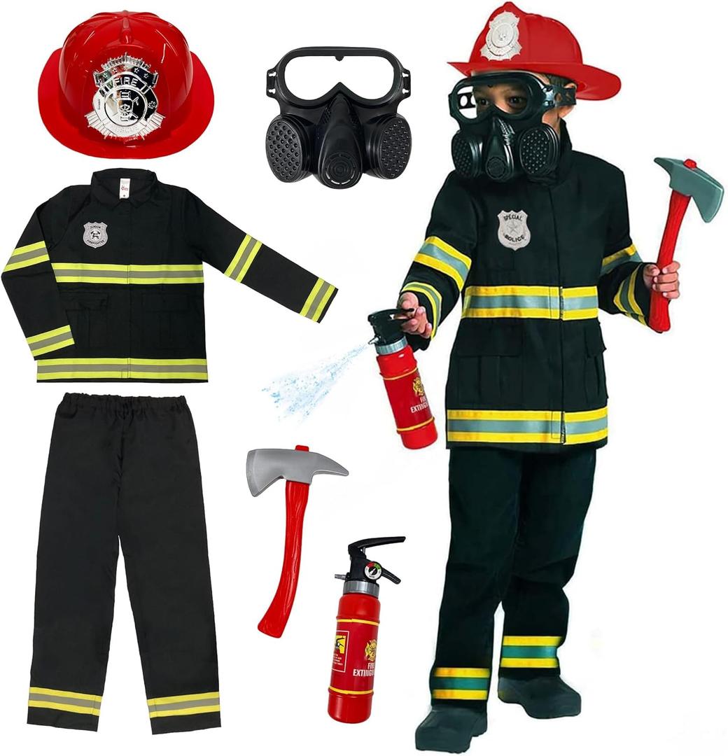 Morph Firefighter Costume for Kids (2 Colors) - Boys Fireman & Fire Fighter Costume for Halloween (Medium, Black)