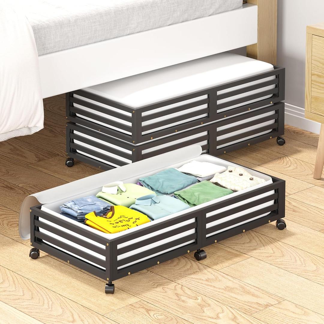 Bamboo Under Bed Storage Containers- Underbed Organizer with Wheels with Large Capacity Dust Bag,Sturdy Wood Rolling Under Bed Shoe Storage Organizer 2 Packs (Black, 2 Packs (33.07"16.54"))