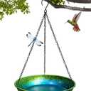 Hanging Bird Bath for Outside Metal Hanging Bird Feeder Window Birds Feeder Hand-Painted Blue and Green Gradient 11 in for Birds to Seed Bathe and Drink for Back Yard, Deck,Patio Garden Decoration