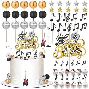 Guiqulai 40 Piece Music Notes Cake Decorations Set, Acrylic Cake Engraved Cake Topper Cupcake Guitar Pentagrams for Musician Rock Theme Birthday
